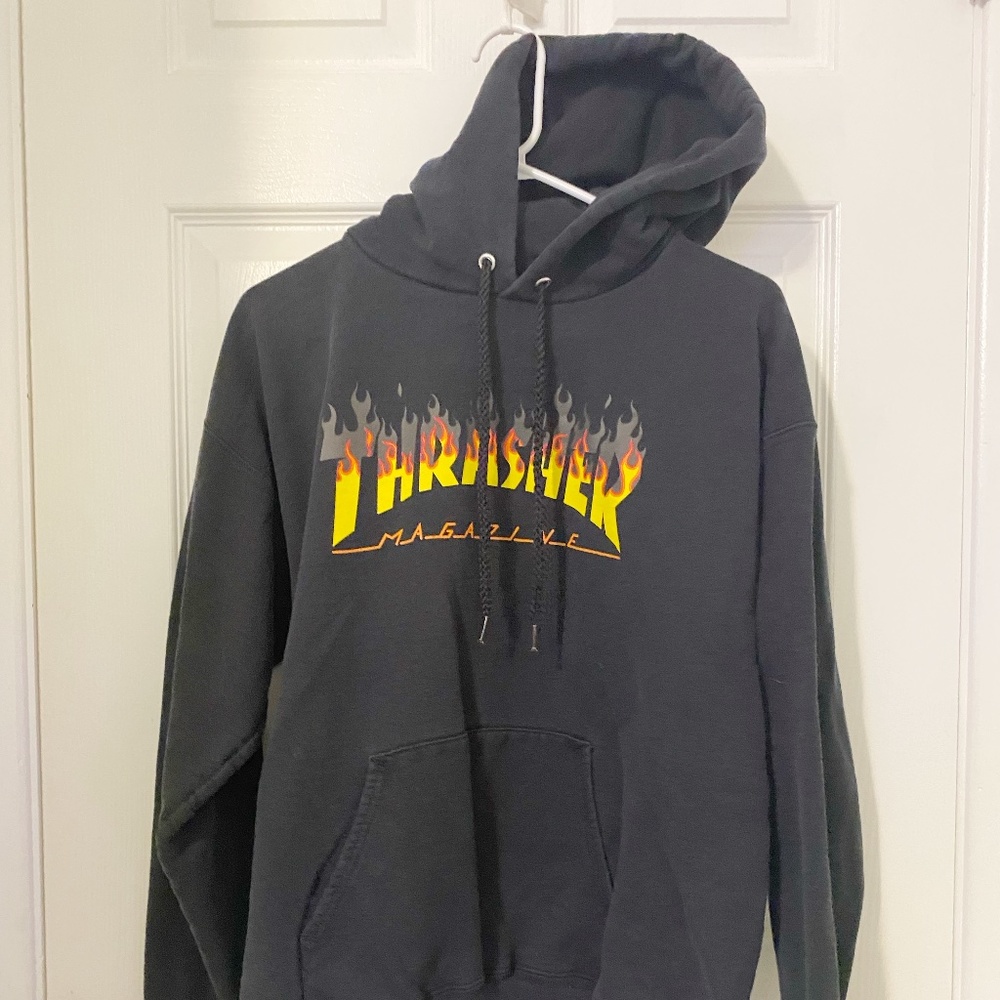 Thrasher Black Hoodie with Yellow and Red Flame Logo